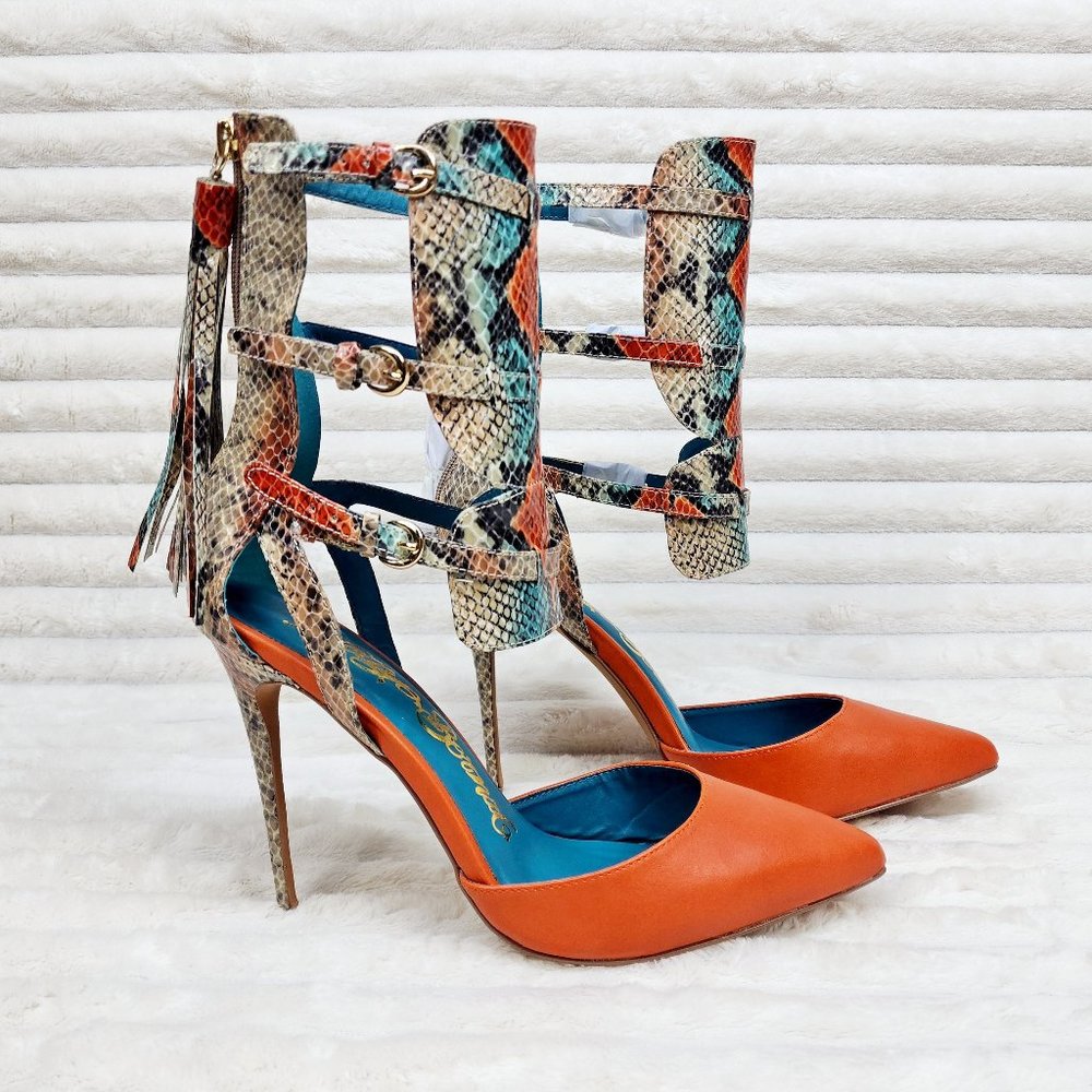 Unique Colorful Shoes Copper Snake Print Nelly Bernal Stiletto High Heels Tassle - Picture 3 of 8